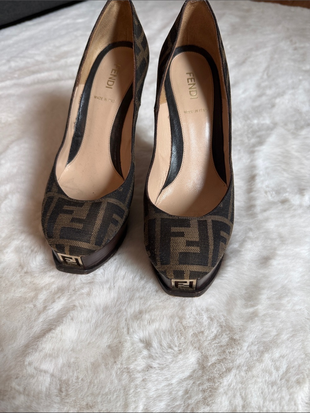 Fendi Brown & Black FF Logo Platform Heel Pumps
